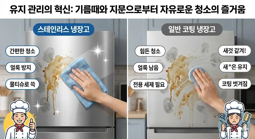 주방의 찌든 기름때와 손자국을 간편하게 닦아내어 청결을 유지하는 스테인리스 냉장고의 관리 편의성 모습