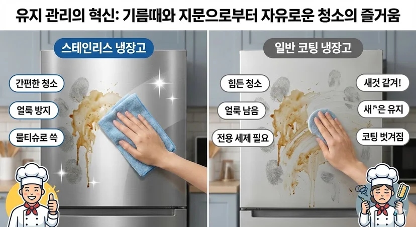 주방의 찌든 기름때와 손자국을 간편하게 닦아내어 청결을 유지하는 스테인리스 냉장고의 관리 편의성 모습