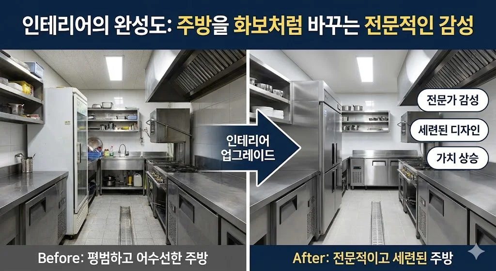 주방 인테리어의 품격을 높여주는 세련된 메탈 질감의 업소용 스테인리스 냉장고 설치 전경 이미지