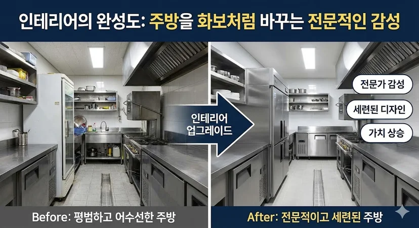 주방 인테리어의 품격을 높여주는 세련된 메탈 질감의 업소용 스테인리스 냉장고 설치 전경 이미지