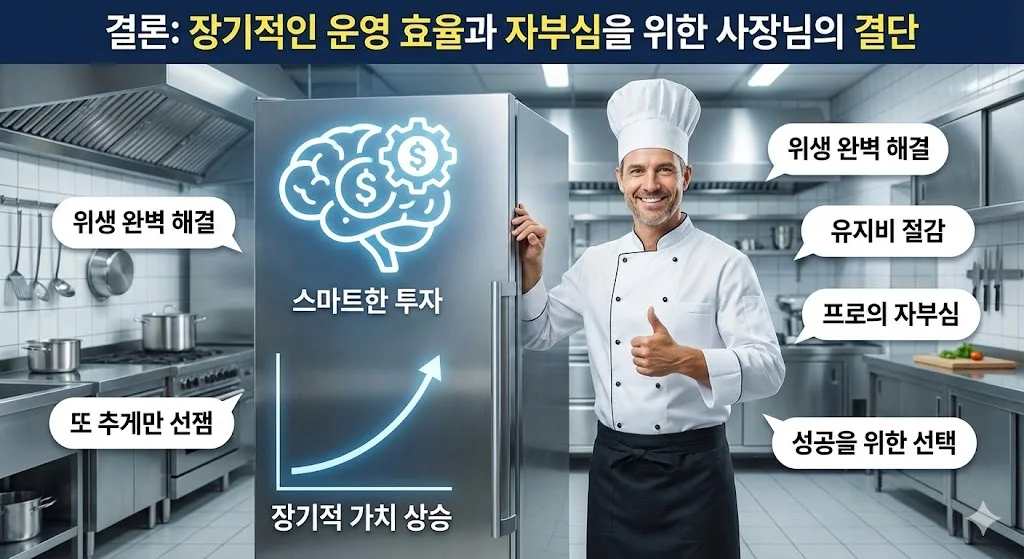 장기적인 운영 효율과 성공적인 매장 운영을 위해 현명한 투자를 결정한 사장님의 만족스러운 모습