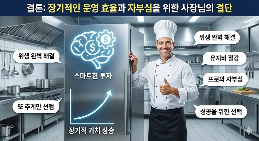 장기적인 운영 효율과 성공적인 매장 운영을 위해 현명한 투자를 결정한 사장님의 만족스러운 모습
