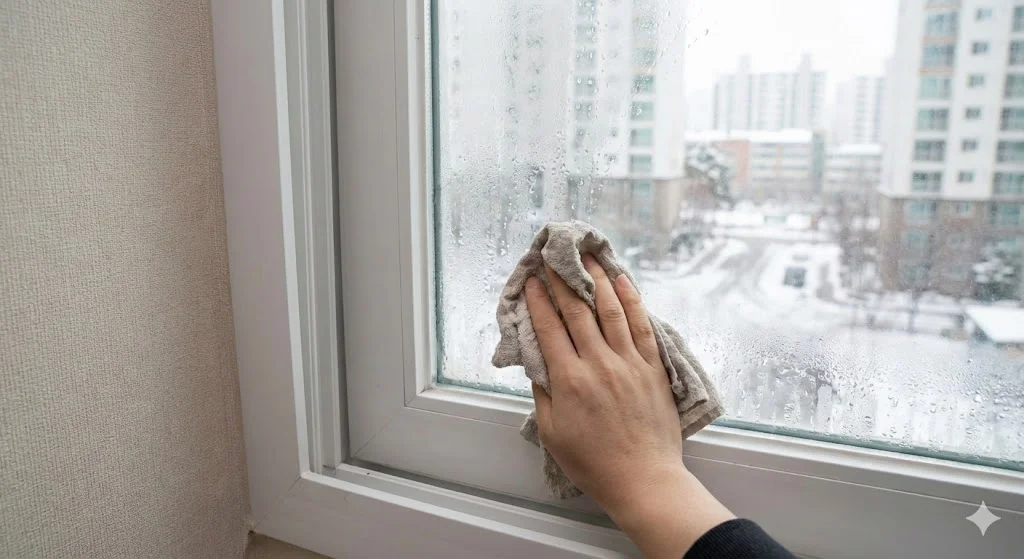 Wiping winter condensation from a glass window with a cloth.