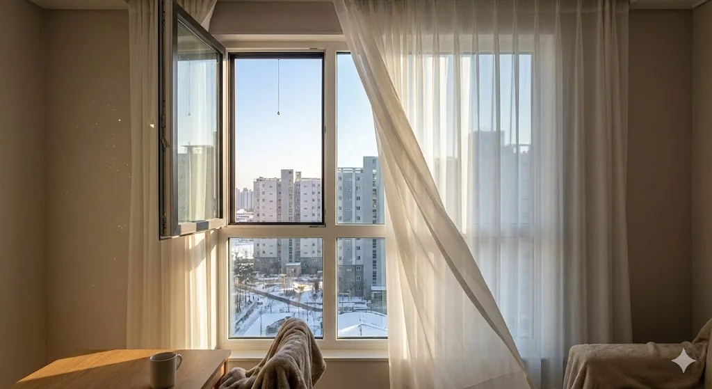 Opening a window wide to ventilate the room and prevent mold growth.