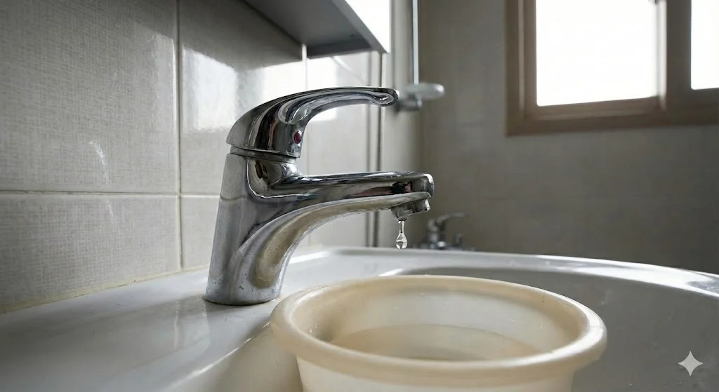 Water dripping from a bathroom faucet to prevent pipe freezing during a cold wave.