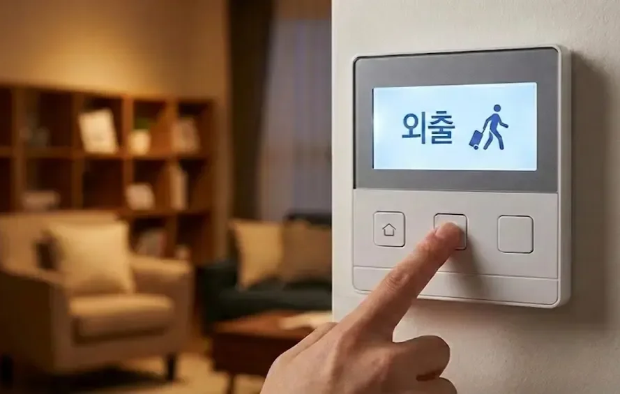 Pressing the away mode button on a Korean boiler controller to prevent freezing.