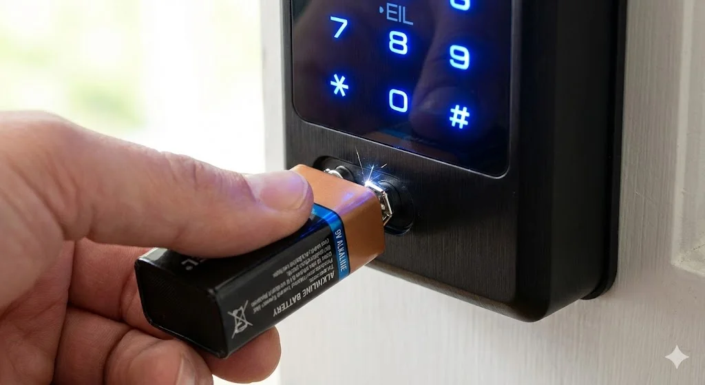 Holding a 9V battery to emergency contacts on a digital door lock.