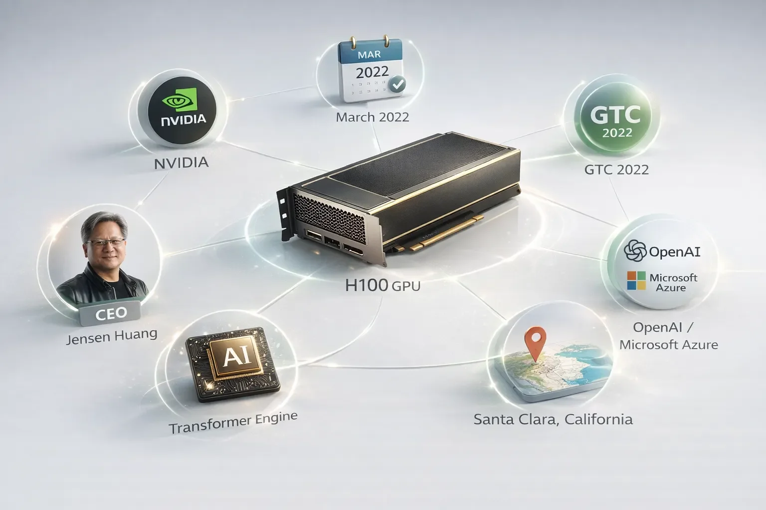 H100 GPU를 중심으로 제조사, 출시 시기, 기술, 고객사, 인물, 위치 정보가 연결된 3D 인포그래픽