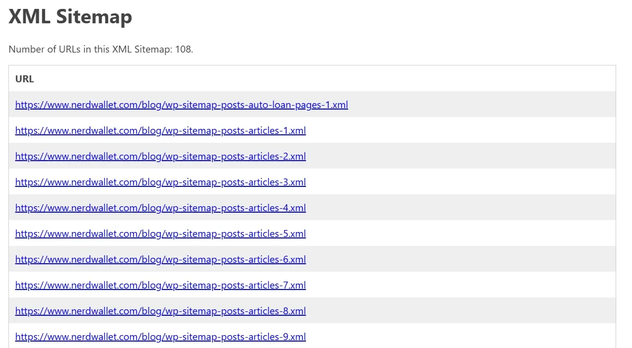 NerdWallet sitemap.xml 인덱스 화면으로 여러 개의 하위 sitemap 파일 목록이 표시된 모습
