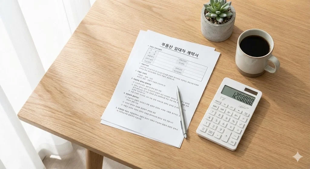 Rental documents and a pen on a white desk.