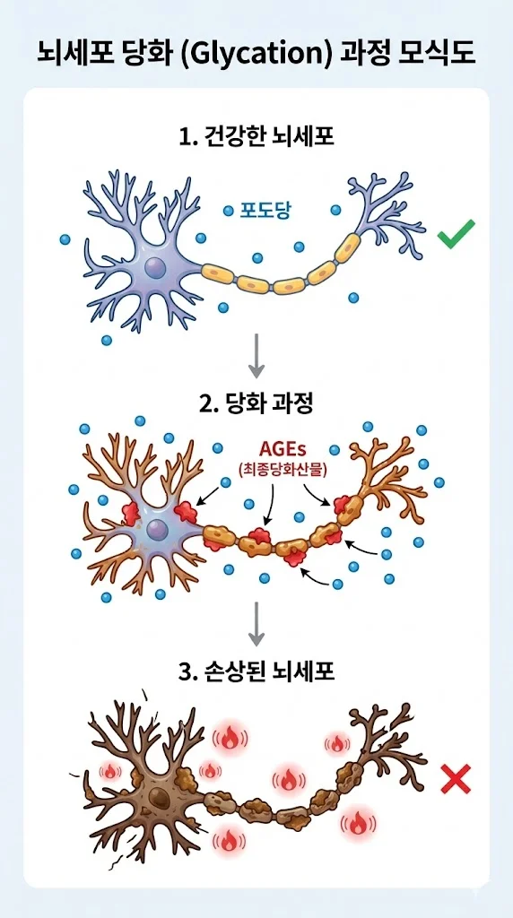 3단계로 표현된 뇌세포 당화(Glycation) 과정 모바일 인포그래픽. 1단계: 건강한 뇌세포, 2단계: 과도한 포도당이 단백질과 결합하여 끈적한 최종당화산물(AGEs) 생성, 3단계: AGEs로 인해 신경세포가 손상되고 염증이 발생하여 신경망이 파괴된 모습. 뇌 노화와 치매 원인을 설명하는 도식