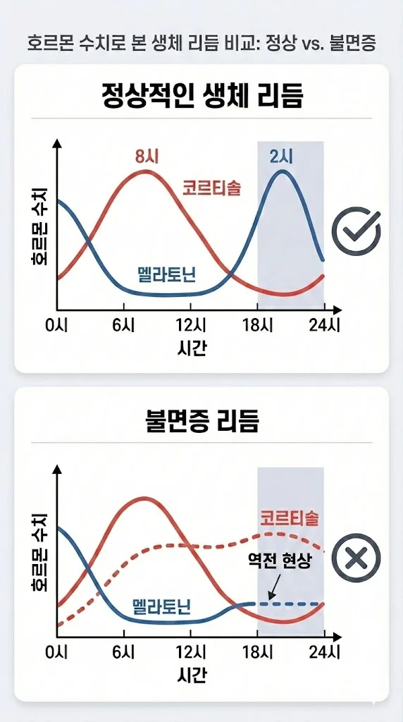 정상 생체 리듬과 불면증 리듬의 코르티솔(Cortisol) 및 멜라토닌(Melatonin) 하루 수치 변화를 비교한 모바일 인포그래픽 그래프. 불면증 환자에게서 나타나는 야간 호르몬 역전 현상을 시각화