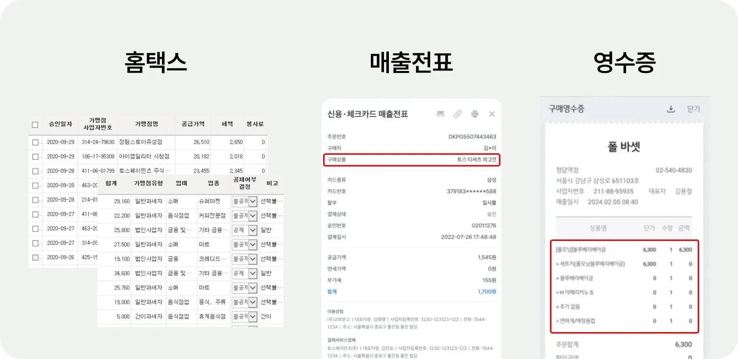 홈택스 자료·카드사 매출전표·온라인몰 영수증 비교