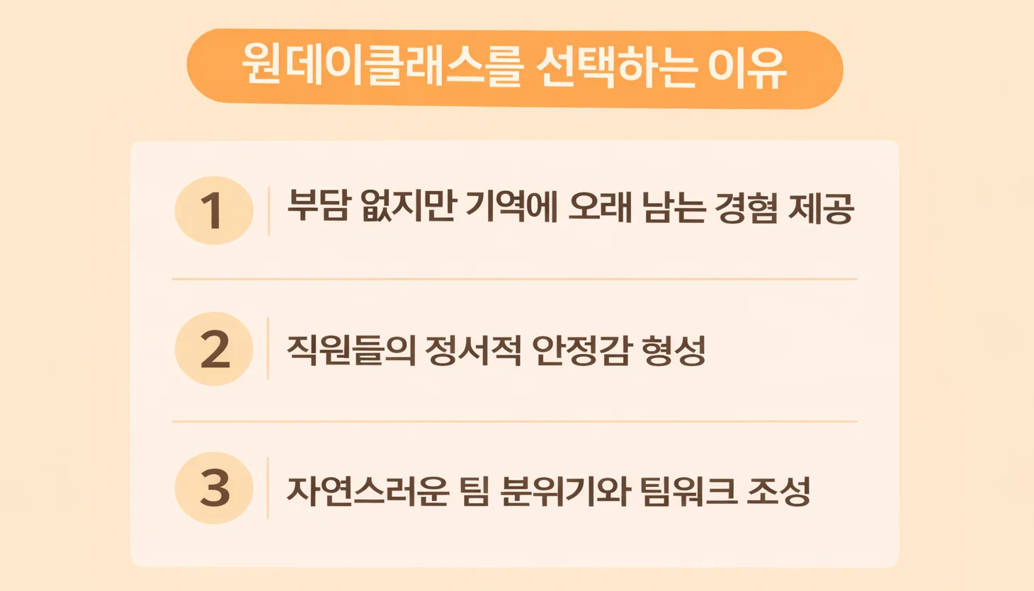 원데이클래스를 선택하는 이유 3가지 : 경험 제공, 정서적 안정감, 팀 분위기 조성