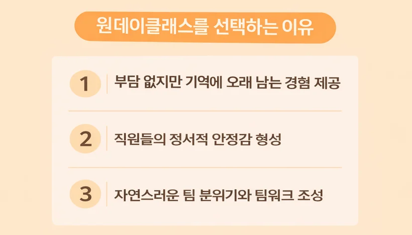 원데이클래스를 선택하는 이유 3가지 : 경험 제공, 정서적 안정감, 팀 분위기 조성