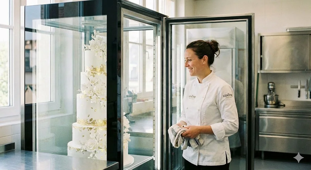 프리미엄 냉동고 속 케이크를 보며 만족해하는 파티시에