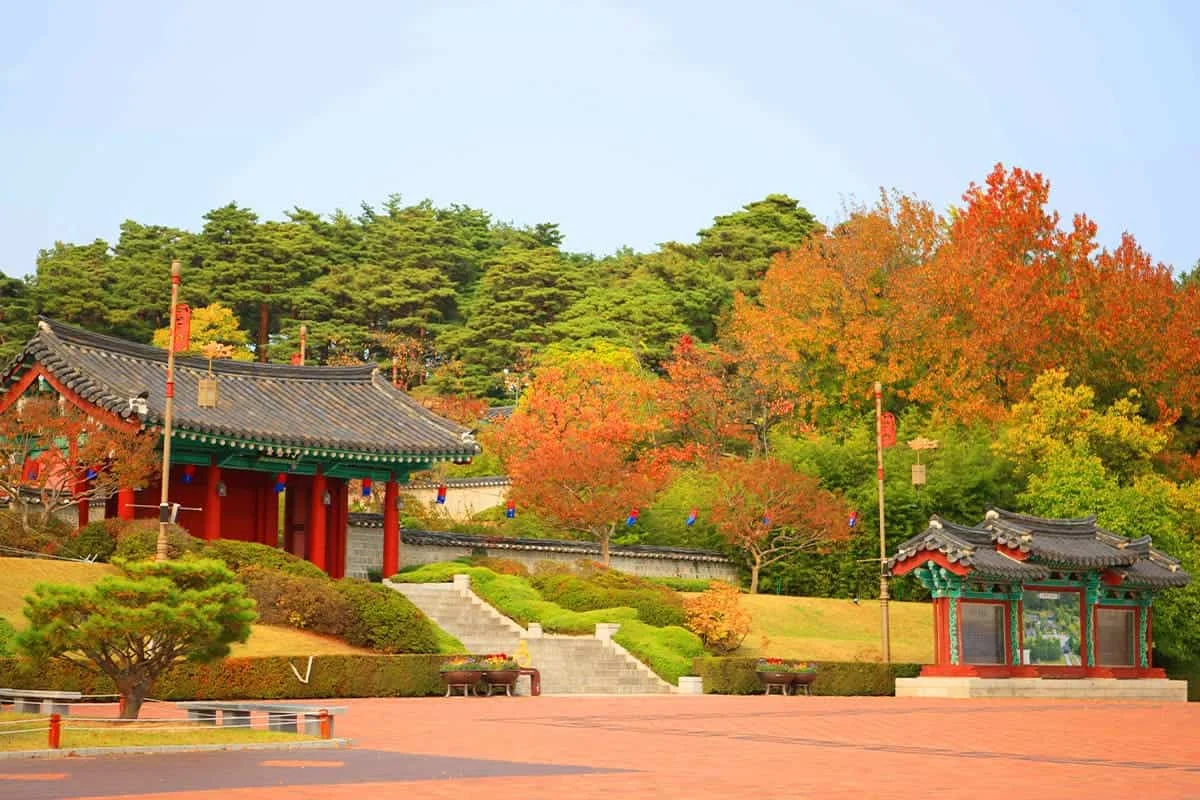 Ojukheon historic site in Gangneung, South Korea, beautifully framed by colorful autumn trees and traditional hanok buildings under a clear sky.