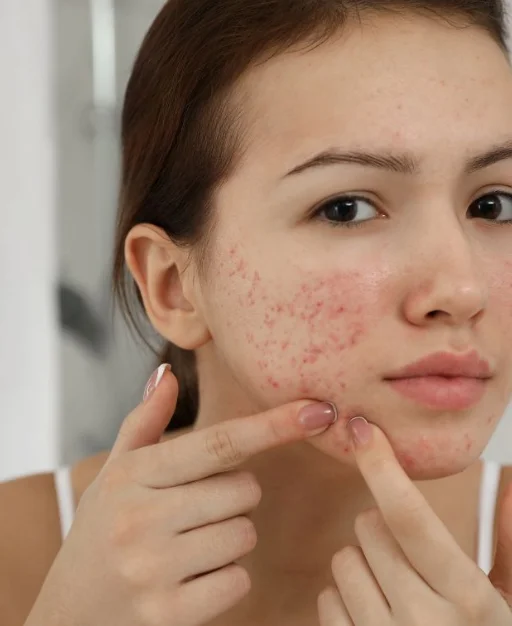 민감성 여드름 피부와 자극받은 피부 상태를 가진 여성