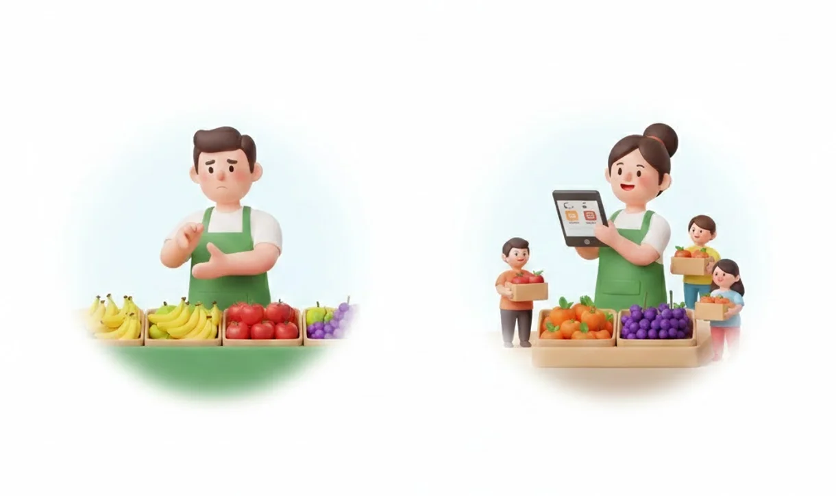 오프라인 결제 중심 가게와 비대면·링크 결제를 활용한 과일가게 비교 이미지  결제 마찰이 높은 가게와 낮은 가게의 매출 차이를 보여주는 일러스트