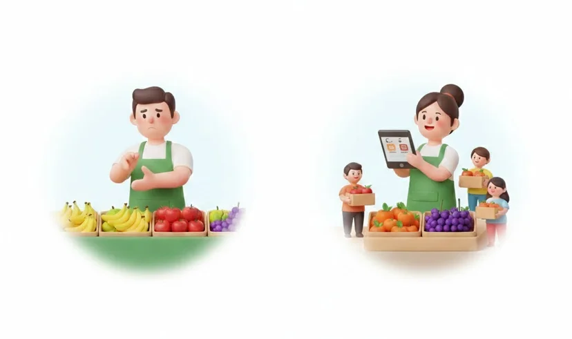 오프라인 결제 중심 가게와 비대면·링크 결제를 활용한 과일가게 비교 이미지  결제 마찰이 높은 가게와 낮은 가게의 매출 차이를 보여주는 일러스트