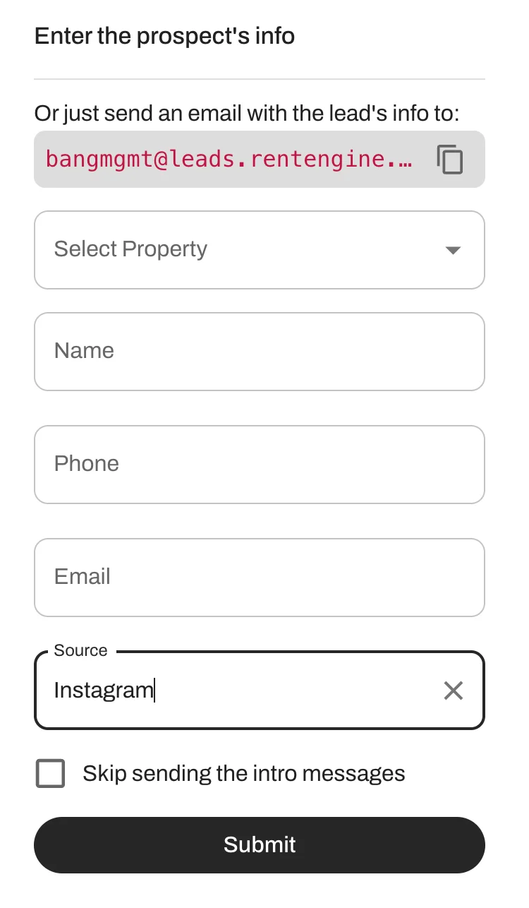 The lead source dropdown in the Command Center showing the option to add custom sources like TikTok or Instagram