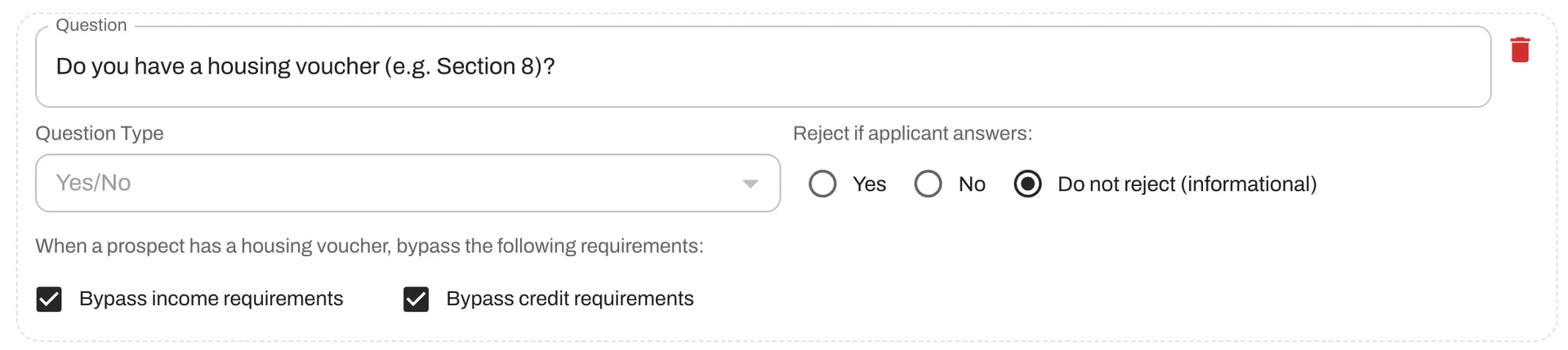 Pre-screening settings now show options to bypass income and credit requirements for housing voucher holders