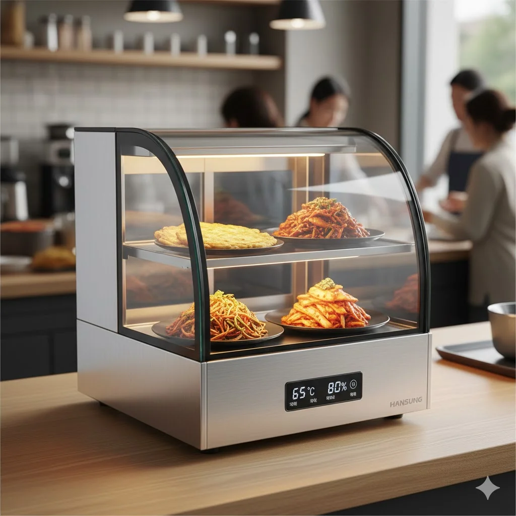 고급스러운 골드 프레임으로 매장 분위기를 살리는 인테리어형 소형 온장고 이미지