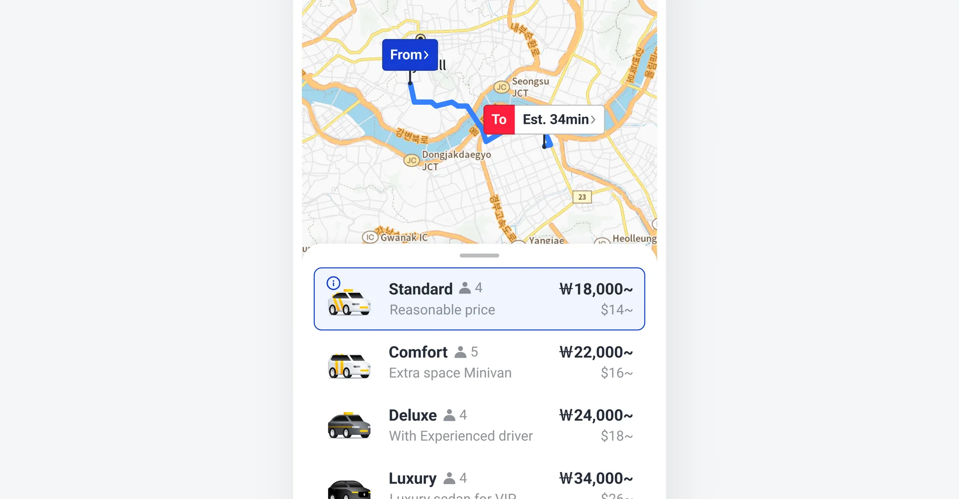 K.Ride app interface showing a taxi route in Seoul from the Han River area to Gangnam, with fare estimates for Standard, Comfort, Deluxe, and Luxury taxi options in Korean Won.