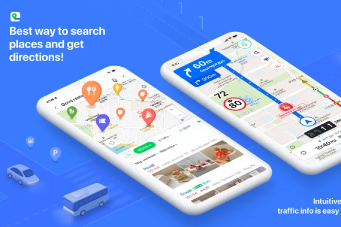 Mobile UI of Naver Maps showing English language navigation, real-time traffic updates, and point-of-interest markers for restaurants and cafes in a South Korean city.
