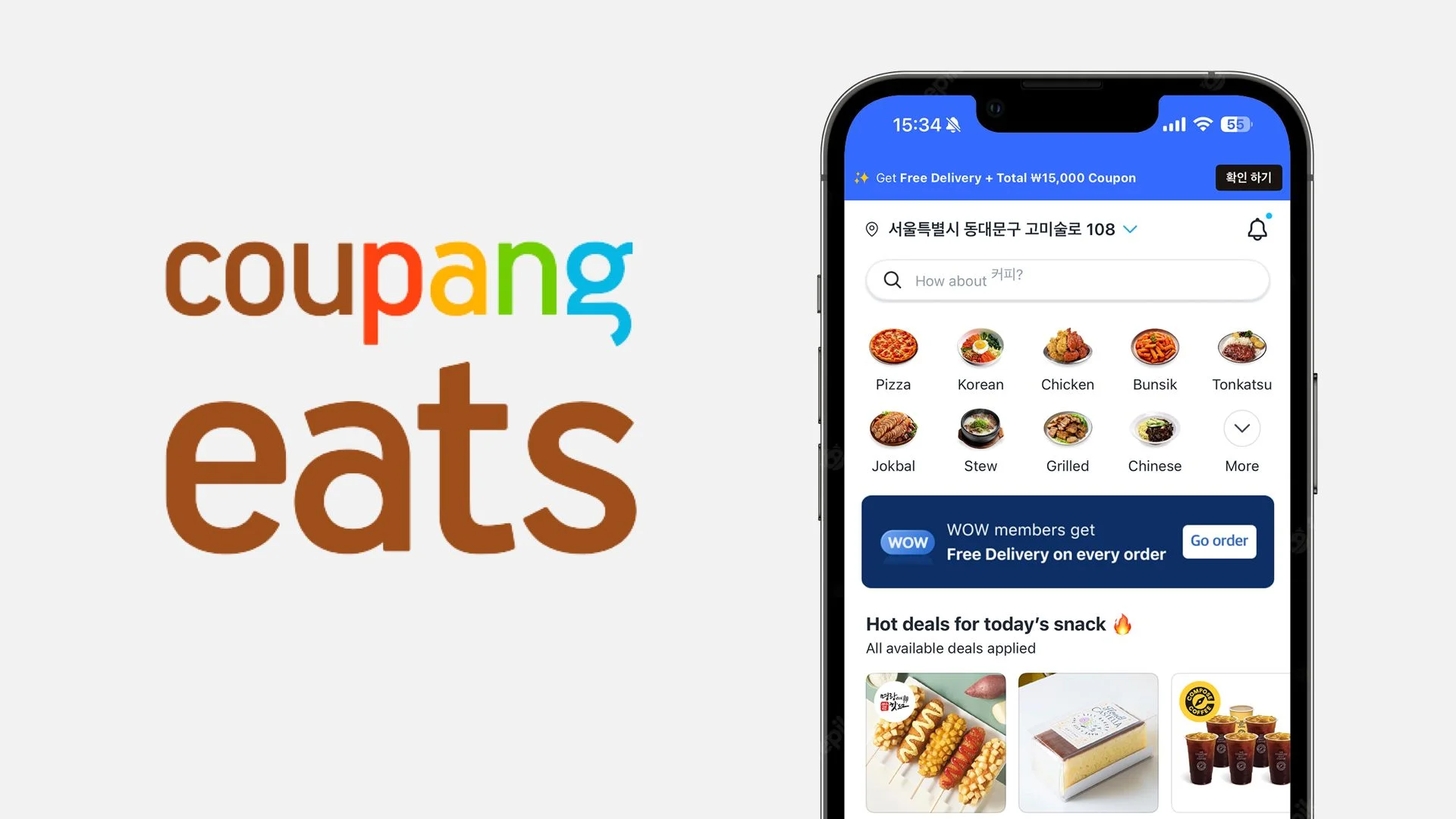 Coupang Eats mobile app interface displaying food delivery categories including Korean, Chicken, Bunsik, and Tonkatsu, highlighting free delivery for WOW members in Seoul.