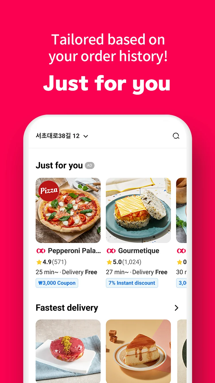 Yogiyo app "Just for you" recommendation screen showing personalized food options like Pepperoni Pizza and Rice Burgers with delivery time estimates in Seoul.