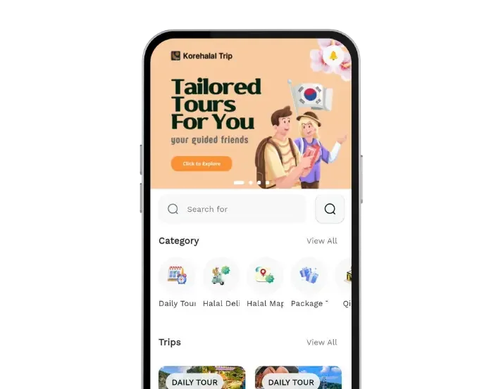 Korehalal Trip mobile app interface offering tailored tours for Muslim travelers, featuring categories for Halal-certified delivery, prayer maps, and guided tours in Korea.