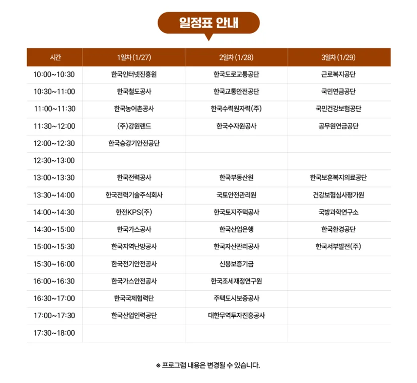 2026년 공공기관 채용박람회 청년인턴 일정표