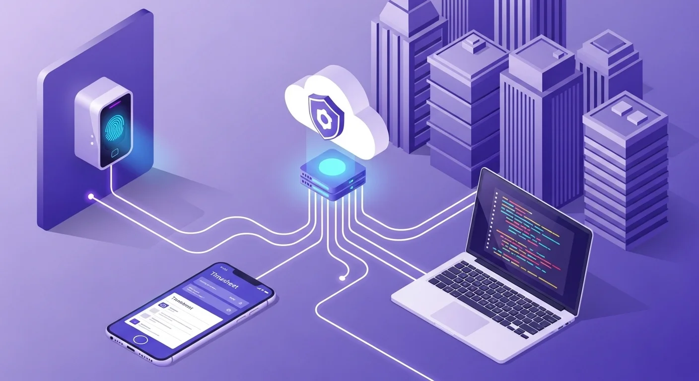 마트폰, 노트북, 지문 인식기 등 다양한 디바이스에서 나온 빛나는 선들이 중앙에 떠 있는 디지털 구름(서버) 아이콘으로 모이는 아이소메트릭(3D 입체도) 일러스트.