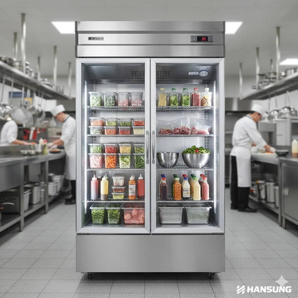청결한 호텔 주방 내부의 조리대 옆에 배치된 대용량 업소용 냉장고와 냉동고 시스템