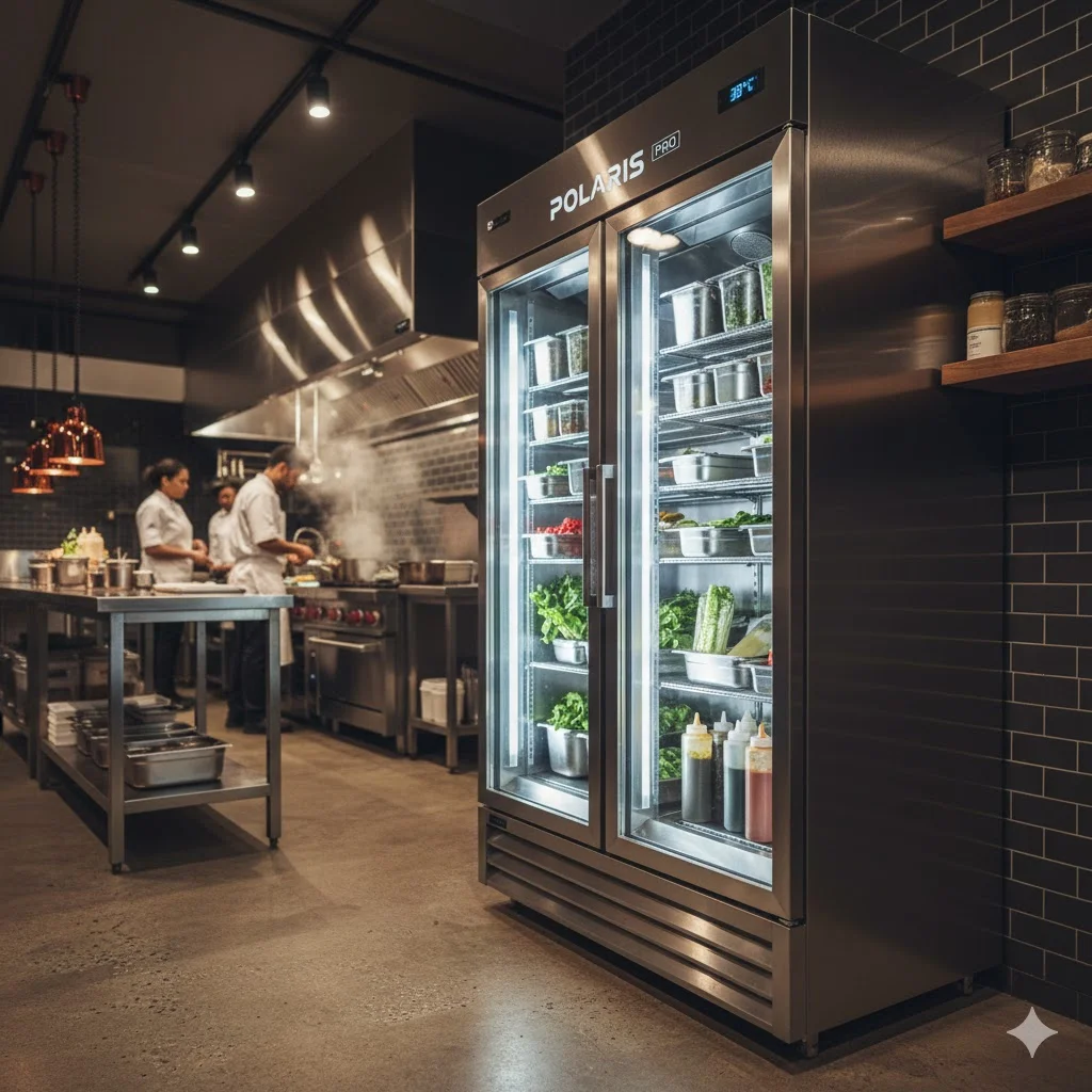 다양한 채소와 소스통이 체계적으로 정리되어 있는 2도어 업소용 냉장고 내부 전경