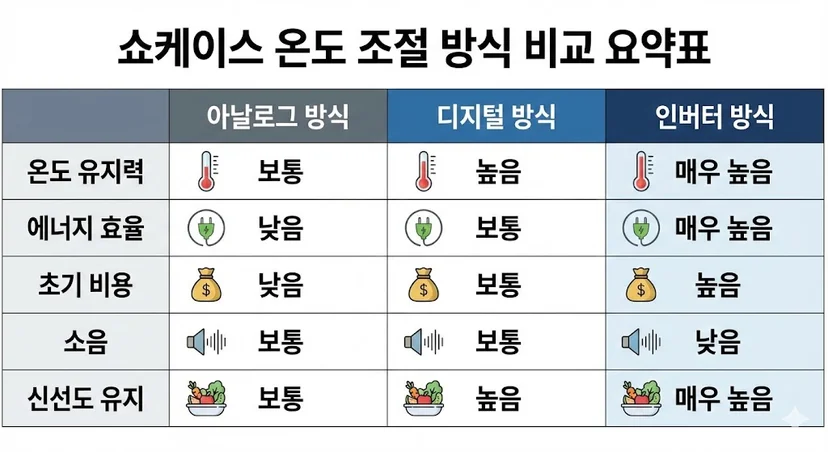 쇼케이스 온도 조절 방식별 장단점 및 특징 비교표