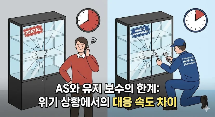 렌탈 업체의 느린 AS 대응과 직접 구매 업체의 빠른 AS 대응을 비교하는 그래픽