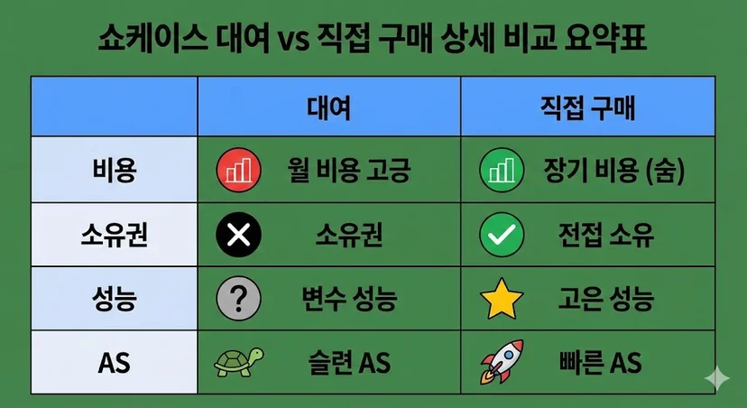 쇼케이스 대여와 직접 구매를 비용, 소유권, 성능, AS 측면에서 비교한 요약표