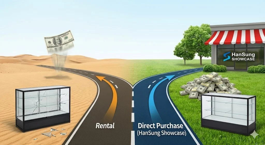 쇼케이스 대여와 직접 구매의 결과를 시각적으로 비교한 이미지