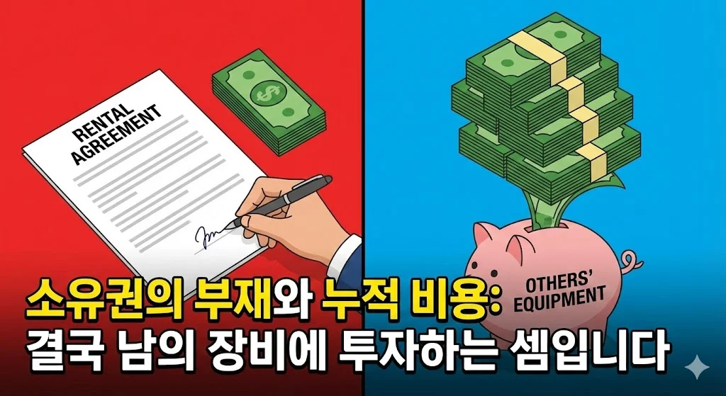 렌탈 계약서와 남의 장비에 돈을 투자하는 저금통을 비교하는 그래픽