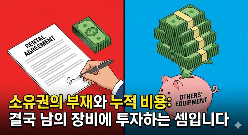 렌탈 계약서와 남의 장비에 돈을 투자하는 저금통을 비교하는 그래픽