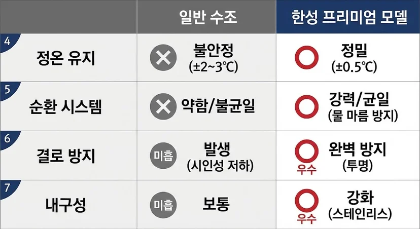 일반 수조와 한성 프리미엄 워터에이징 수조의 성능 비교 요약표