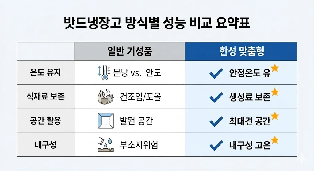 일반 기성품과 한성 맞춤형 밧드냉장고의 온도 유지, 식재료 보존, 공간 활용, 내구성 성능 비교 요약표