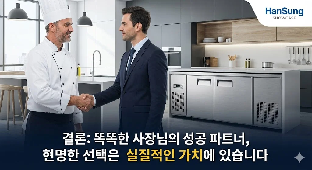한성 맞춤형 밧드냉장고를 선택하여 성공적인 비즈니스를 이루는 사장님과 담당자의 모습