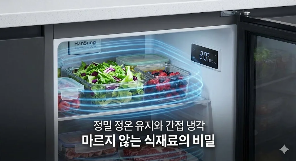 한성 맞춤형 밧드냉장고 내부의 간접 냉각 방식과 정밀한 온도 유지 기능을 보여주는 이미지
