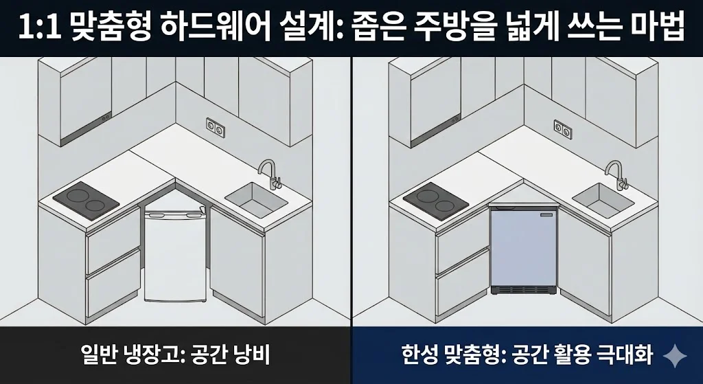 좁은 주방 공간에 일반 냉장고를 설치했을 때의 공간 낭비와 한성 맞춤형 냉장고를 설치했을 때의 공간 활용 극대화 비교 이미지