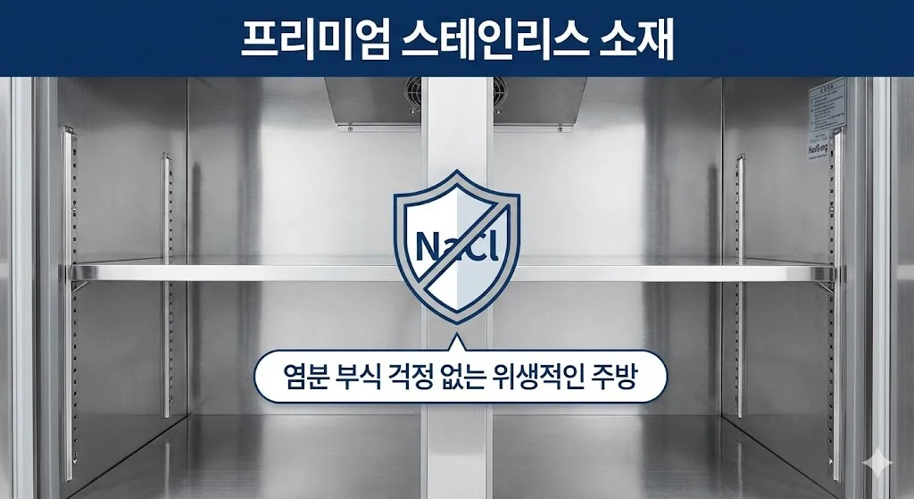 염분 부식 걱정 없는 프리미엄 스테인리스 소재로 제작된 한성 맞춤형 밧드냉장고 내부 이미지