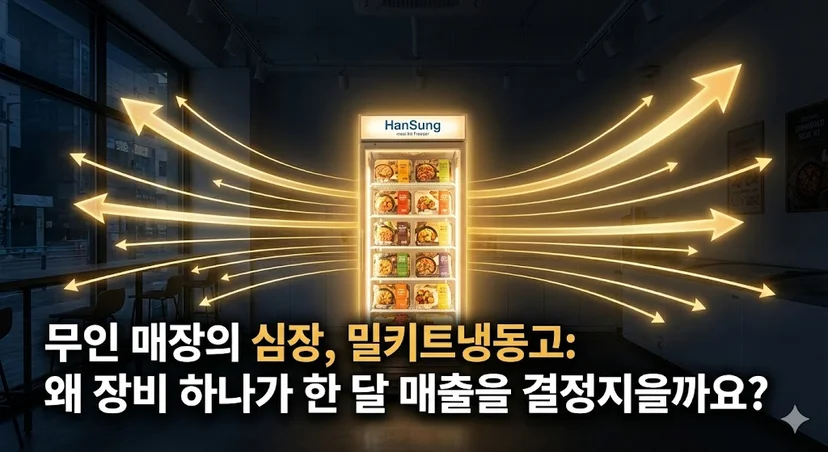 무인 매장 중앙에서 빛나는 밀키트냉동고와 그로부터 뻗어나가는 매출 상승을 상징하는 빛의 화살표 이미지