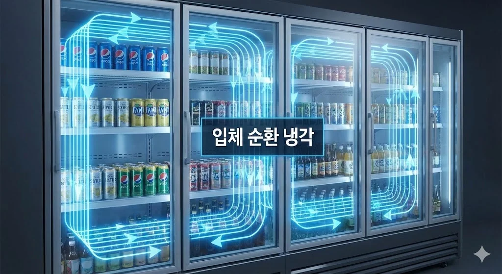 음료수 쇼케이스 내부의 입체 순환 냉각 그래픽